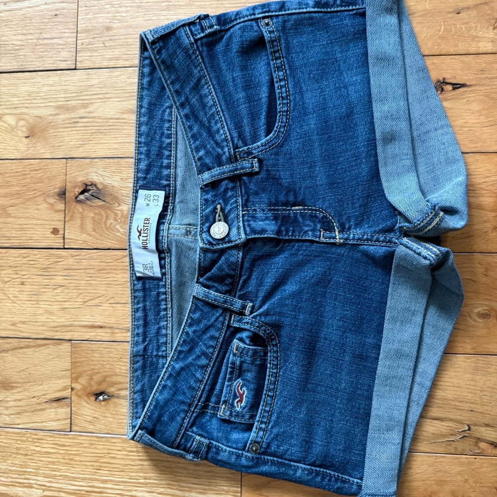Hollister Low Rise Mid-Blue Rolled Hem Denim Shorts